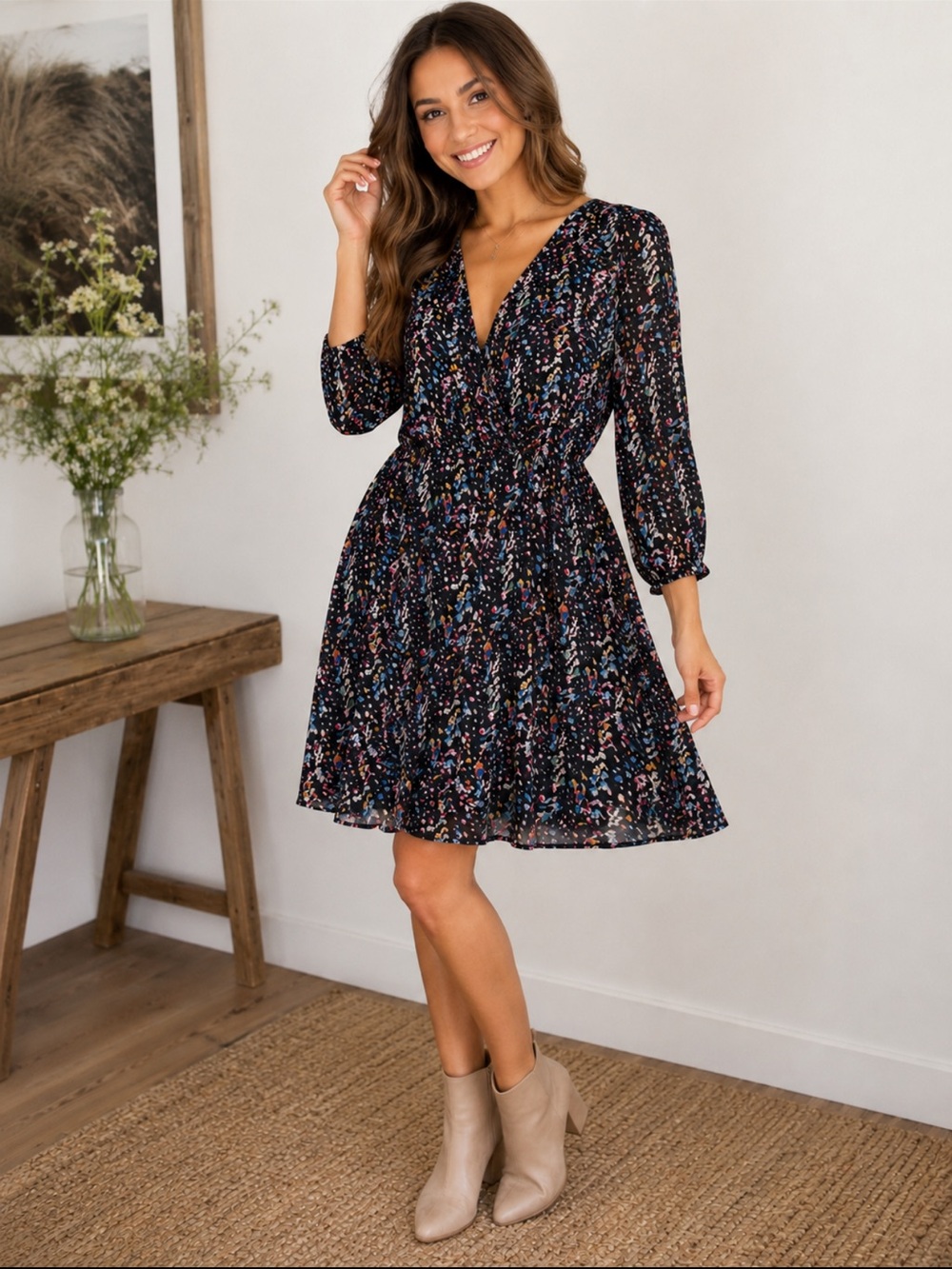 Lush Black Multi-Color V-Neck Mini Dress w/ lining. M
